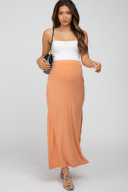 Peach Ribbed Side Slit Maternity Maxi Skirt