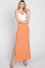 Peach Ribbed Side Slit Maternity Maxi Skirt