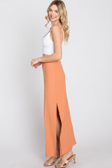 Peach Ribbed Side Slit Maxi Skirt