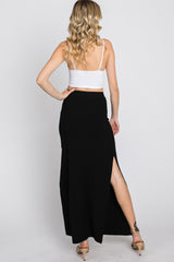 Black Ribbed Side Slit Maxi Skirt