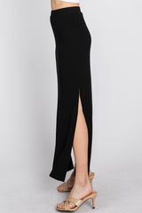 Black Ribbed Side Slit Maxi Skirt