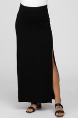 Black Ribbed Side Slit Maternity Maxi Skirt