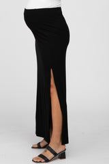 Black Ribbed Side Slit Maternity Maxi Skirt