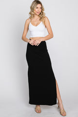 Black Ribbed Side Slit Maxi Skirt