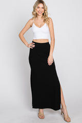 Black Ribbed Side Slit Maxi Skirt