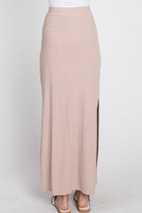 Taupe Ribbed Side Slit Maxi Skirt