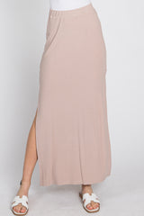 Taupe Ribbed Side Slit Maxi Skirt