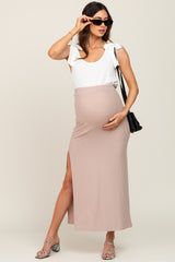 Taupe Ribbed Side Slit Maternity Maxi Skirt