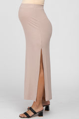 Taupe Ribbed Side Slit Maternity Maxi Skirt