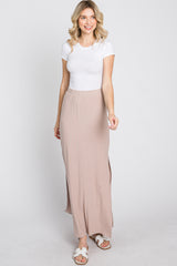 Taupe Ribbed Side Slit Maxi Skirt