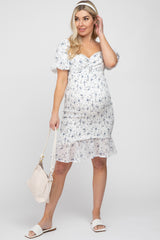 Ivory Floral Smocked Off Shoulder Maternity Fitted Dress