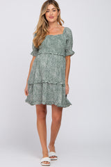 Forest Green Spotted Square Neck Smocked Ruffle Maternity Dress