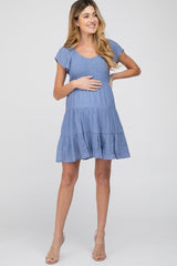 Blue Smocked Top Tiered Skirt Maternity Dress