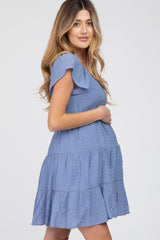 Blue Smocked Top Tiered Skirt Maternity Dress