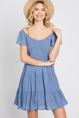 Blue Smocked Top Tiered Skirt Maternity Dress