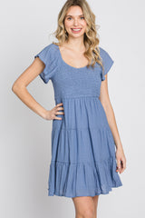 Blue Smocked Top Tiered Skirt Dress