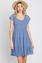 Blue Smocked Top Tiered Skirt Dress