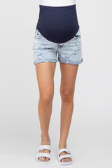 Light Blue Acid Wash Distressed Maternity Jean Shorts