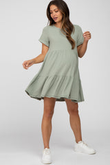 Light Olive Ribbed Maternity Tiered Dress