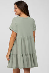 Light Olive Ribbed Maternity Tiered Dress