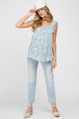 Light Blue Floral Smocked Accent Maternity Top