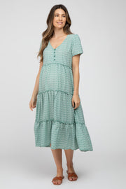 Green Line Print Button Front Tiered Maternity Midi Dress