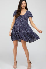 Navy Floral Button Front Tie Maternity Dress