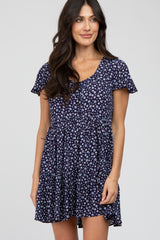 Navy Floral Button Front Tie Maternity Dress