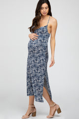 Navy Floral Paisley Side Slit Maternity Midi Dress