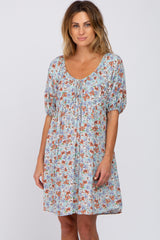 Light Blue Floral Front Tie Puff Sleeve Dress