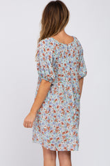 Light Blue Floral Front Tie Puff Sleeve Dress