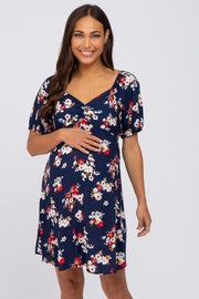 Navy Blue Floral Tie Back Maternity Dress