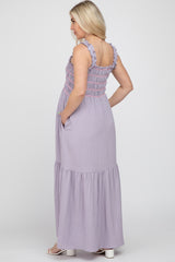 Lavender Square Neck Smocked Embroidered Maternity Midi Dress