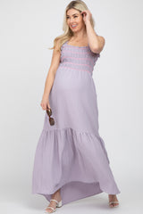 Lavender Square Neck Smocked Embroidered Maternity Midi Dress