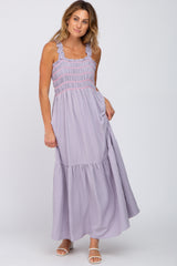 Lavender Square Neck Smocked Embroidered Midi Dress