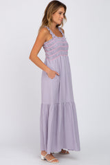 Lavender Square Neck Smocked Embroidered Midi Dress