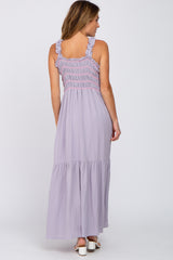 Lavender Square Neck Smocked Embroidered Midi Dress