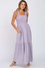 Lavender Square Neck Smocked Embroidered Midi Dress