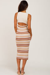 Beige Striped Cutout Knit Midi Dress