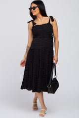 Black Polka Dot Sleeveless Tiered Maternity Midi Dress