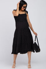 Black Polka Dot Sleeveless Tiered Maternity Midi Dress