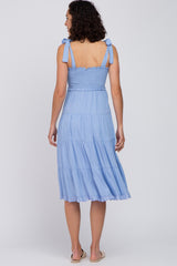 Light Blue Polka Dot Sleeveless Tiered Midi Dress