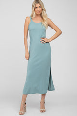 Light Teal Sleeveless Side Slit Maternity Maxi Dress