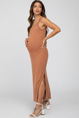 Camel Sleeveless Side Slit Maternity Maxi Dress