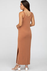 Camel Sleeveless Side Slit Maternity Maxi Dress