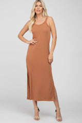 Camel Sleeveless Side Slit Maternity Maxi Dress