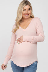 Light Pink Waffle Knit Maternity Long Sleeve Top