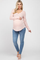 Light Pink Waffle Knit Maternity Long Sleeve Top