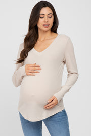 Beige Waffle Knit Maternity Long Sleeve Top