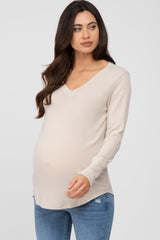 Beige Waffle Knit Maternity Long Sleeve Top